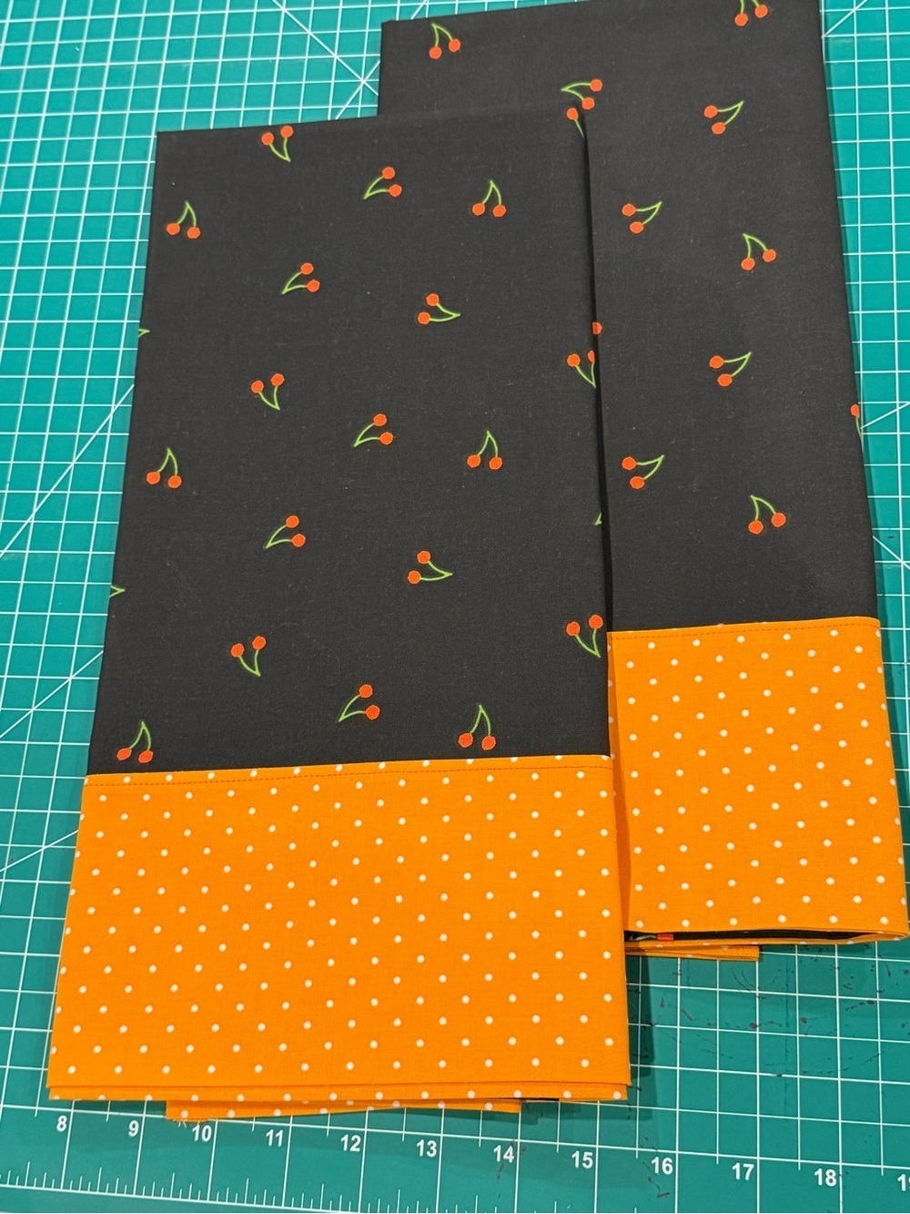 Handmade Cherry Pillowcase Set | Black & Orange Polka Dot Cotton 20x30 Queen